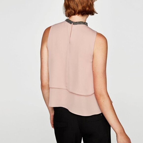 Zara Sleeveless Tiered Blouse with Beaded Collar - Picture 2 of 14